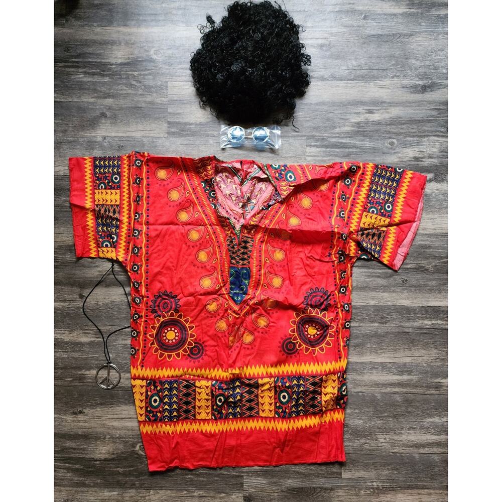 Spirit Halloween Adult L/XL Hippie Costume Shirt, Wig, Glasses, Peace Necklace - Picture 2 of 13